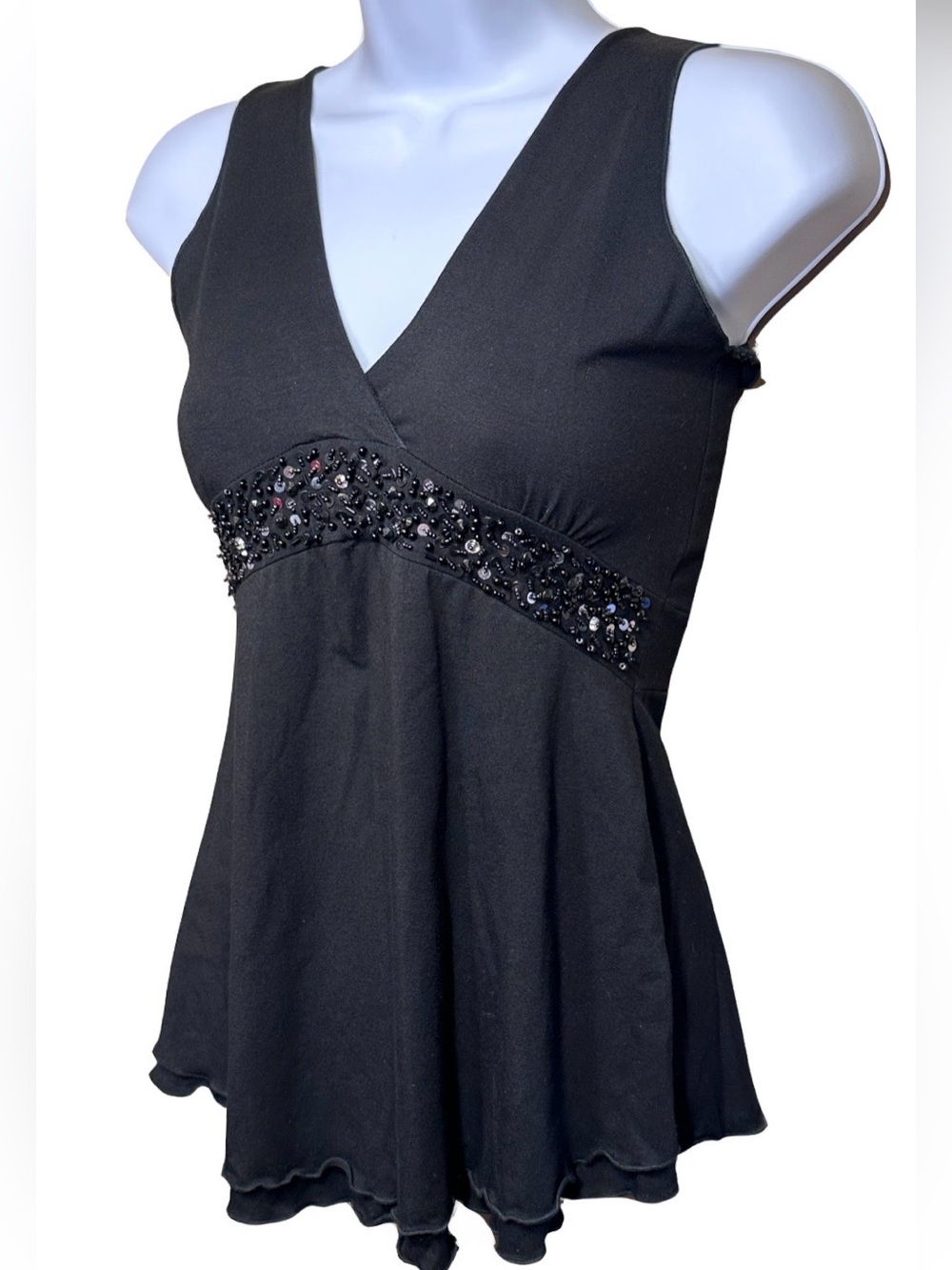 Lu Lu Lamé Vintage Y2K Beaded Sequin Empire Waist Lettuce Hem Top Black XS
